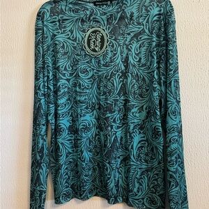 Sterling Kreek Mesh Teal and Black Paisley Long Sleeve Top NWT